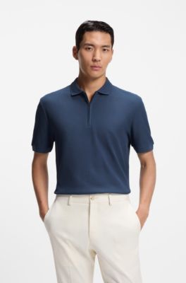 Zip-placket polo shirt in structured cotton, Light Blue