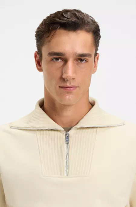 Peached-cotton sweatshirt with ribbed zip neck