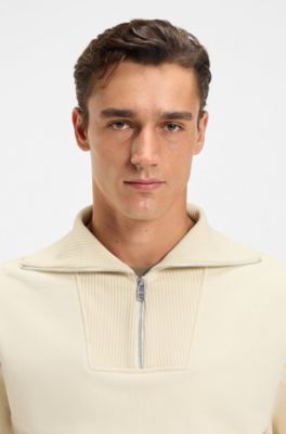 Peached-cotton sweatshirt with ribbed zip neck, White
