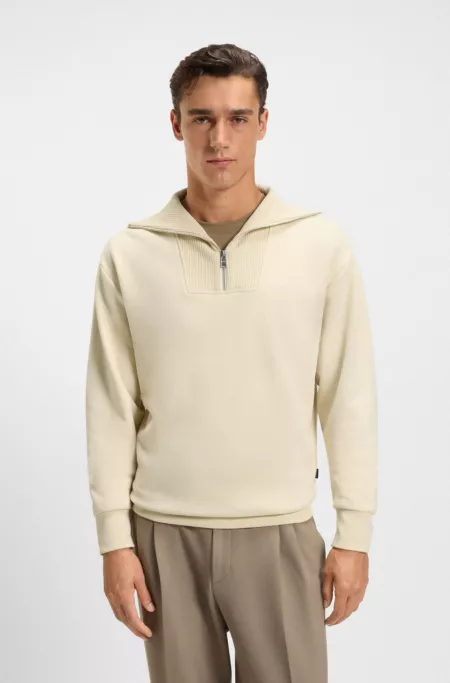 Peached-cotton sweatshirt with ribbed zip neck