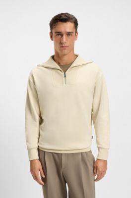 Peached-cotton sweatshirt with ribbed zip neck, White