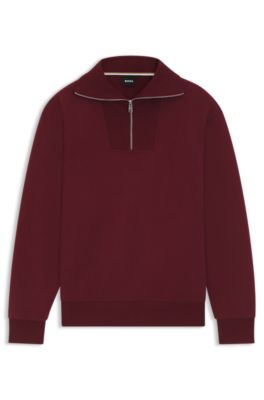 Peached-cotton sweatshirt with ribbed zip neck, Dark Red