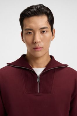 Peached-cotton sweatshirt with ribbed zip neck, Dark Red
