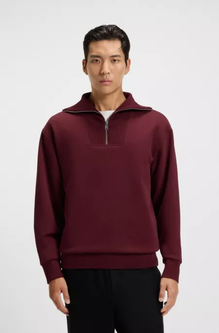 Peached-cotton sweatshirt with ribbed zip neck