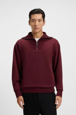 Peached-cotton sweatshirt with ribbed zip neck, Dark Red