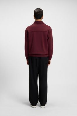 Peached-cotton sweatshirt with ribbed zip neck, Dark Red