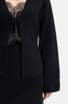 Cardigan en maille duveteuse avec fermeture &agrave; nouer, Bleu fonc&eacute;