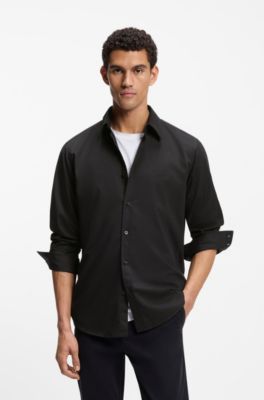 Camisa regular fit en dobby de algod&oacute;n el&aacute;stico, Negro