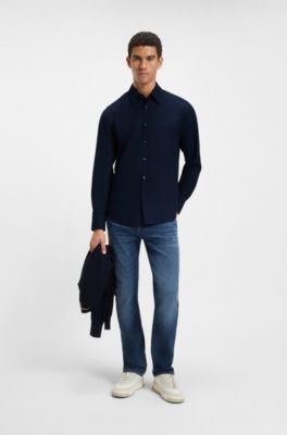 Camisa regular fit en dobby de algod&oacute;n el&aacute;stico, Azul oscuro