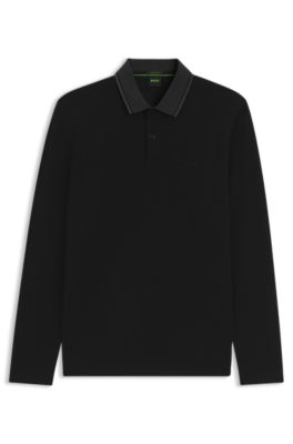 Polo de piqu&eacute; de algod&oacute;n con cuello de moulin&eacute;, Negro