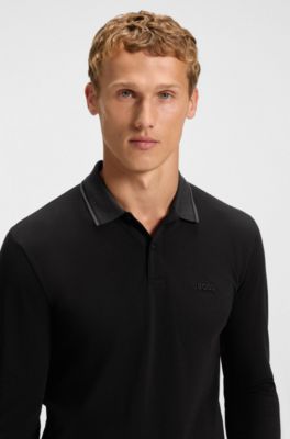 Polo de piqu&eacute; de algod&oacute;n con cuello de moulin&eacute;, Negro