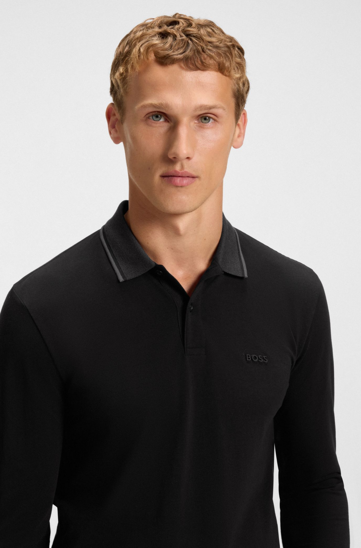 BOSS - Mouliné-collar polo shirt in cotton piqué - Black