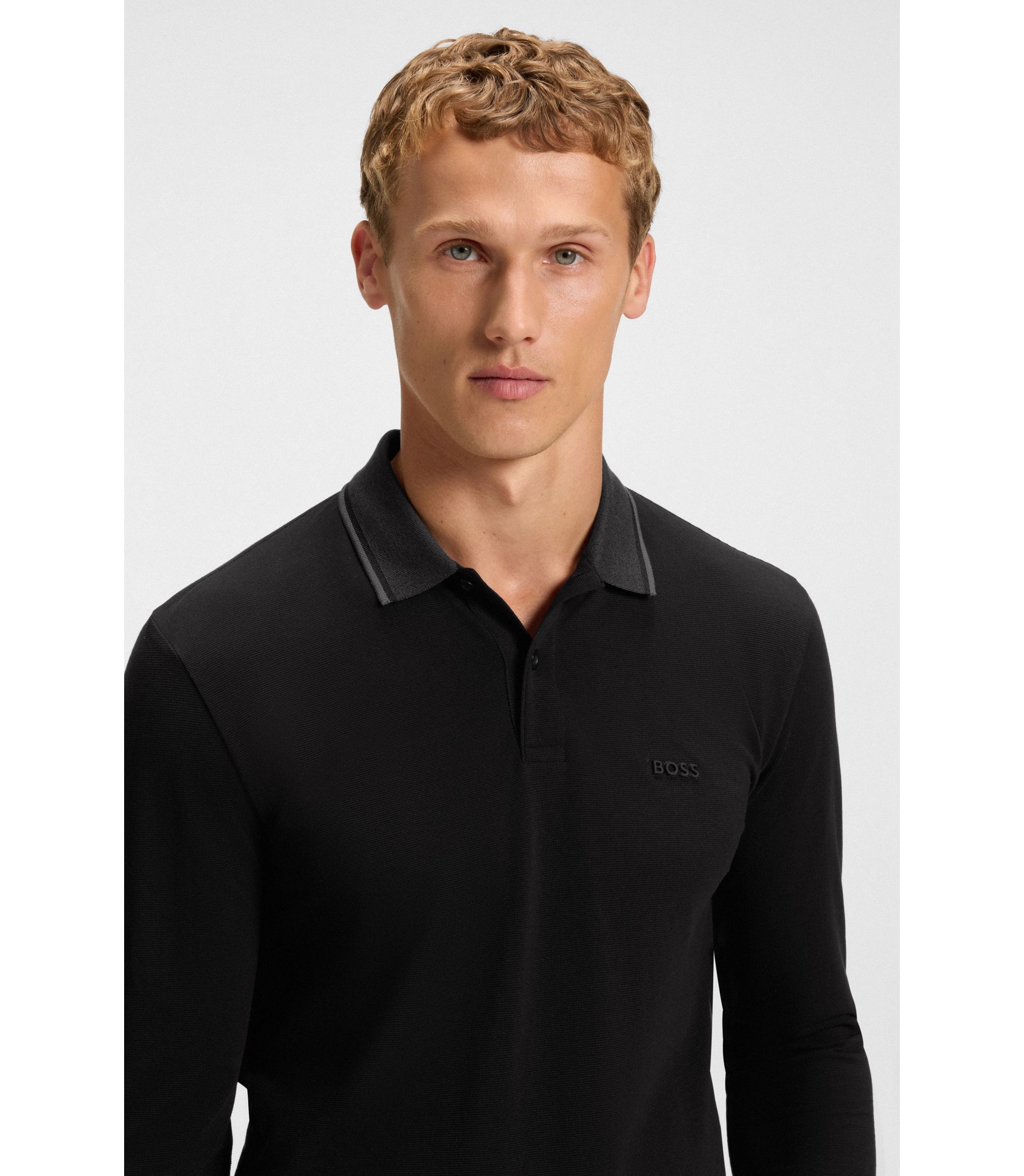 BOSS - Mouliné-collar polo shirt in cotton piqué - Black