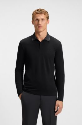 Polo de piqu&eacute; de algod&oacute;n con cuello de moulin&eacute;, Negro