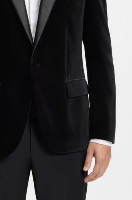 Slim-fit tuxedo jacket in cotton velvet, Black