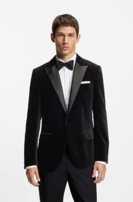 Slim-fit tuxedo jacket in cotton velvet, Black