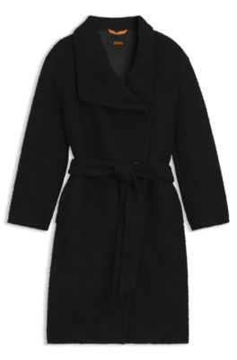 Abrigo de boucl&eacute; con cintur&oacute;n y cuello mao, Negro