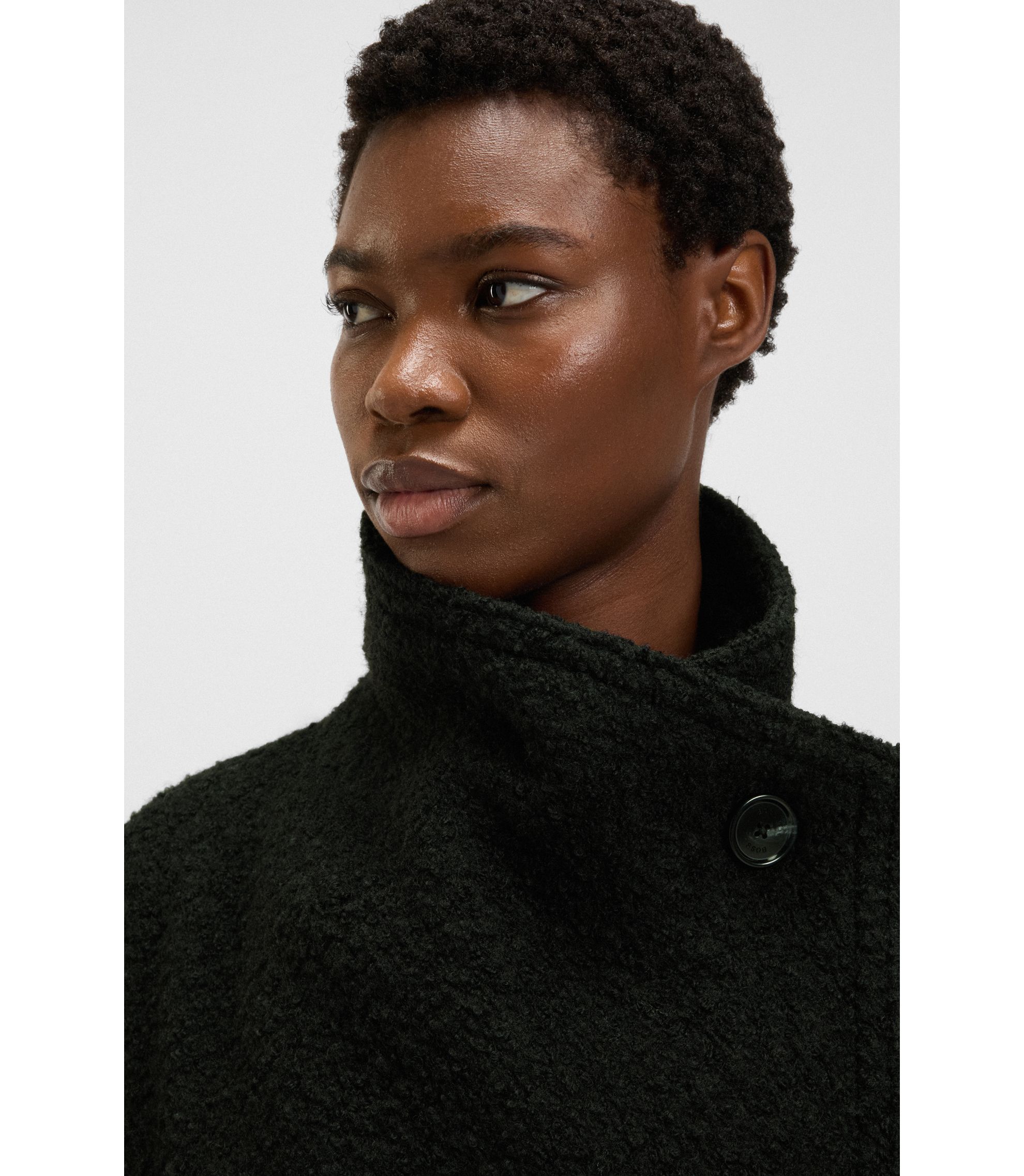 BOSS - Bouclé coat with stand collar and belt - Black