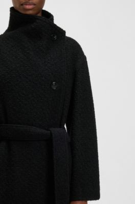 Abrigo de boucl&eacute; con cintur&oacute;n y cuello mao, Negro