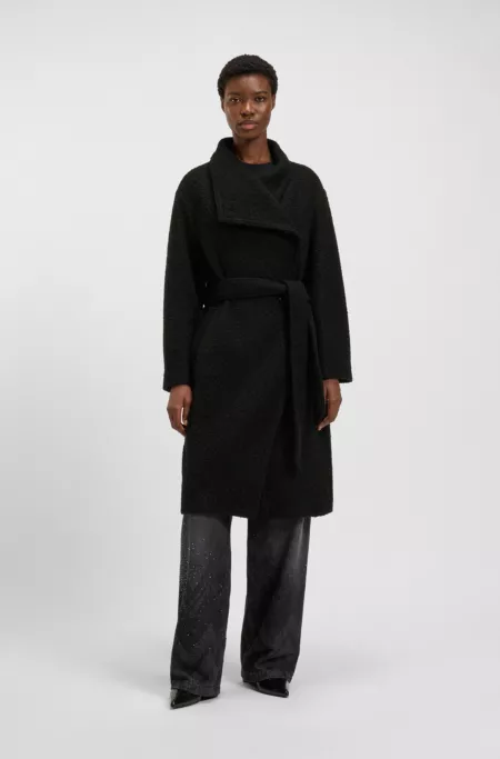 Bouclé coat with stand collar and belt