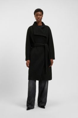 Abrigo de boucl&eacute; con cintur&oacute;n y cuello mao, Negro