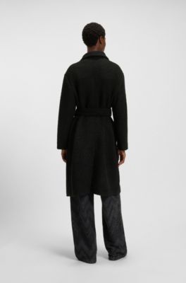 Abrigo de boucl&eacute; con cintur&oacute;n y cuello mao, Negro