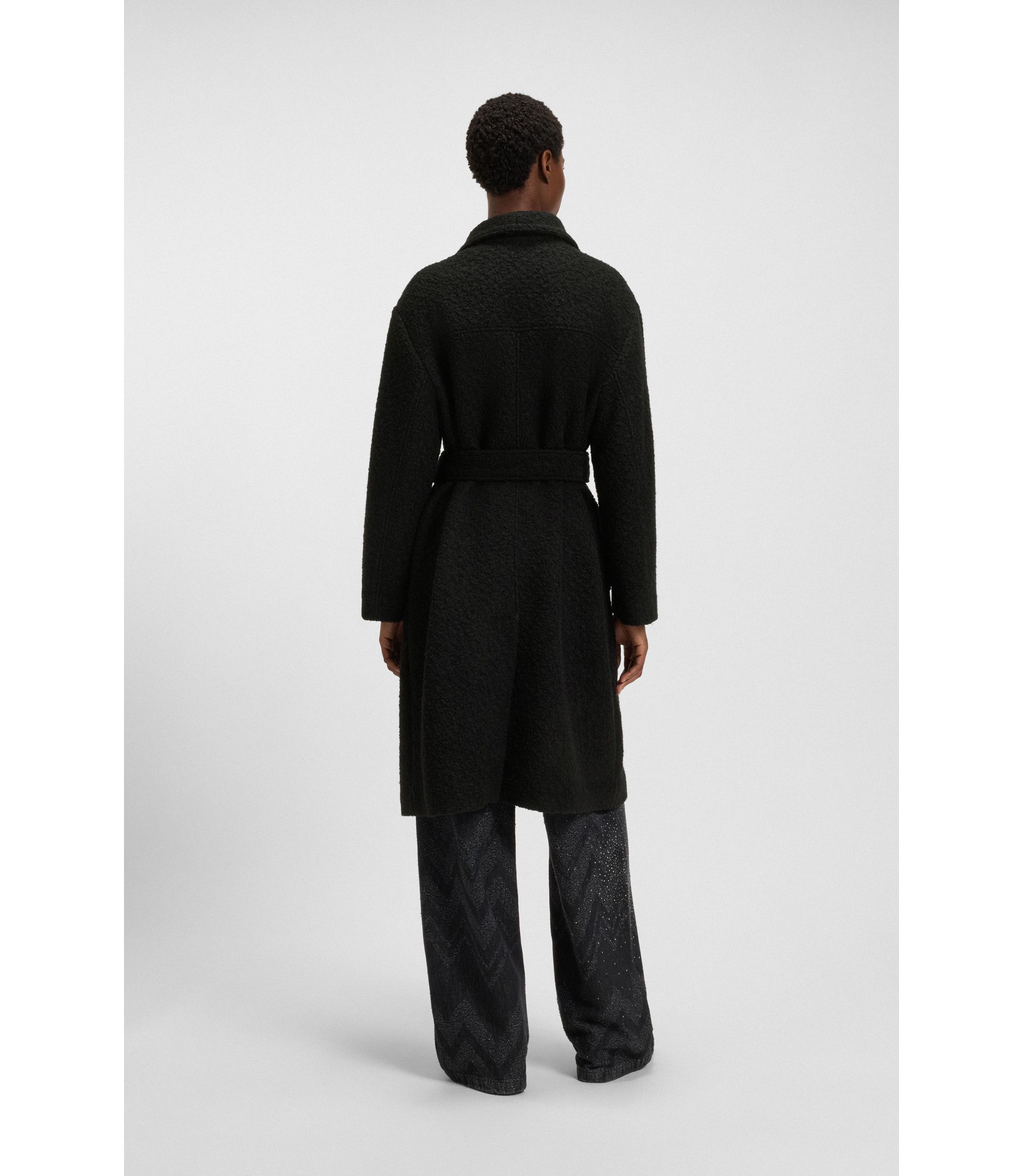 BOSS - Bouclé coat with stand collar and belt - Black