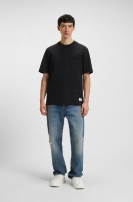 Camiseta de punto de algod&oacute;n con bolsillos cosidos y etiqueta con logo, Negro