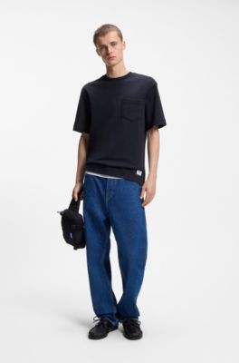 Camiseta de punto de algod&oacute;n con bolsillos cosidos y etiqueta con logo, Azul oscuro