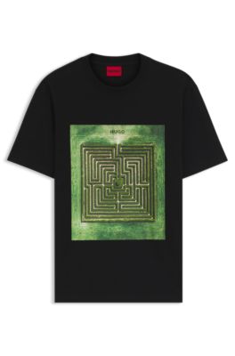 Camiseta de punto de algod&oacute;n con estampado de laberinto, Negro