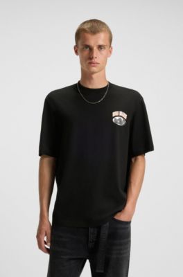 Camiseta de punto de algod&oacute;n con ilustraci&oacute;n de logotipo estampada, Negro