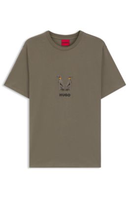 Cotton-jersey T-shirt with embroidered logo artwork, Brown