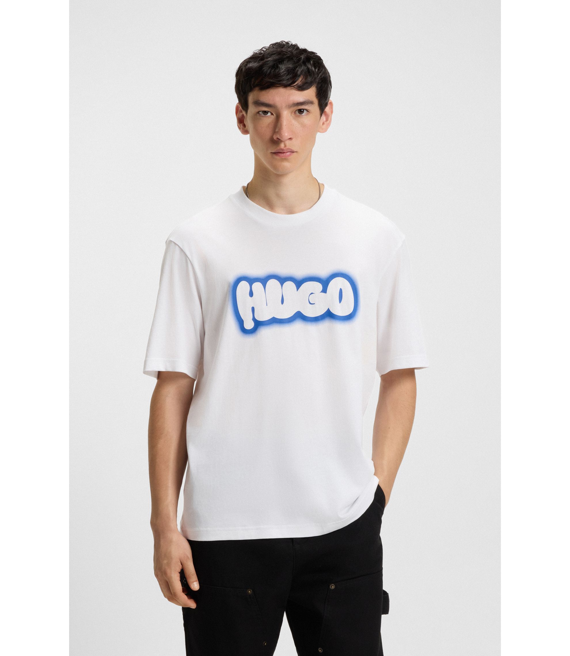 HUGO - Cotton-jersey T-shirt with logo print - White