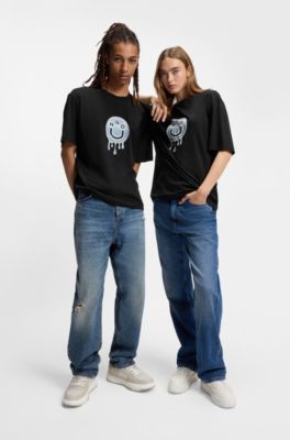 Camiseta unisex de punto de algod&oacute;n con estampado gr&aacute;fico, Negro