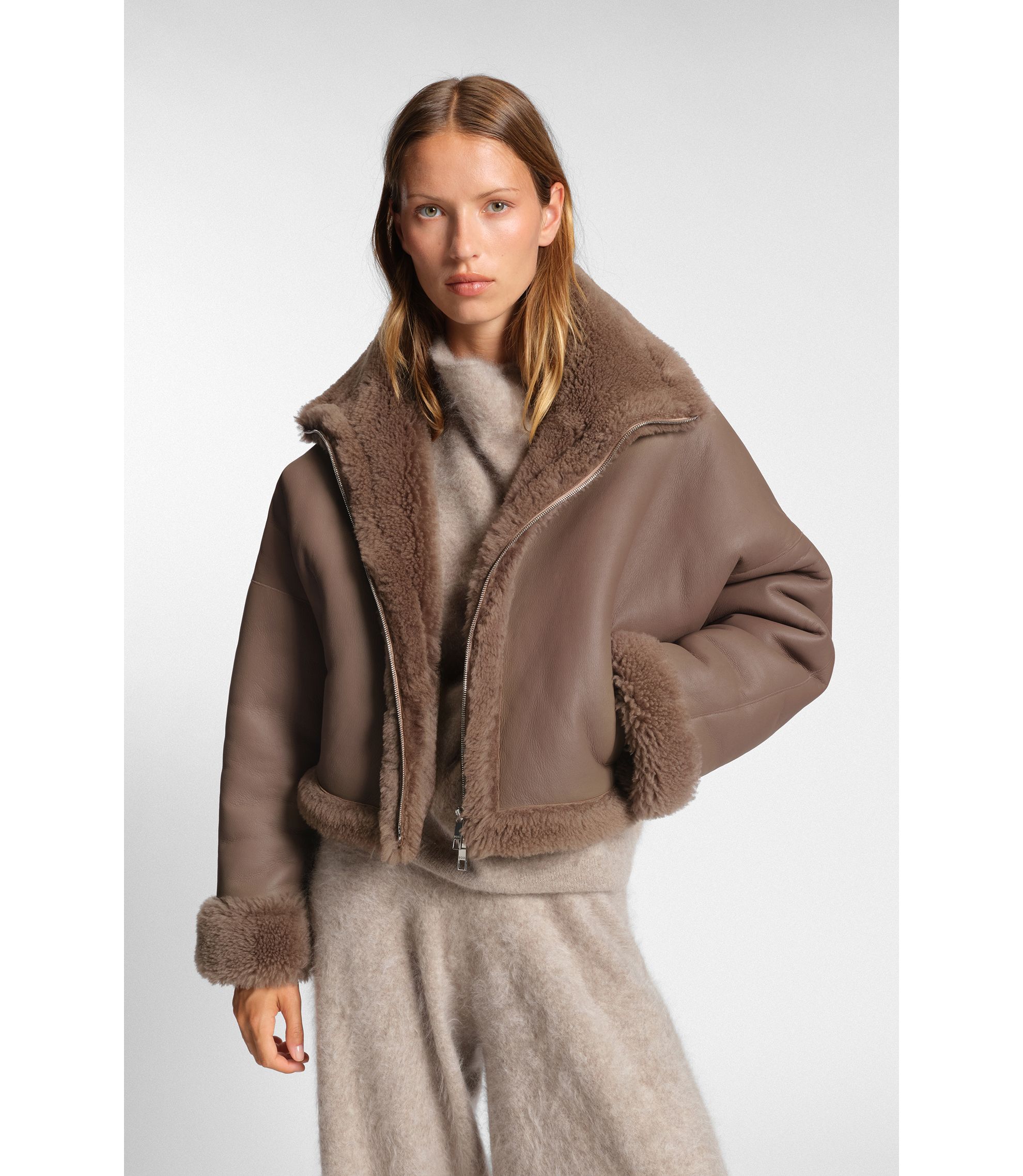 BOSS - Shearling-trim jacket in nappalan leather - Light Brown