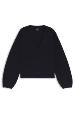 Jersey relaxed fit con cuello en pico en lana y alpaca, Azul oscuro