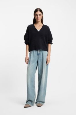 Jersey relaxed fit con cuello en pico en lana y alpaca, Azul oscuro