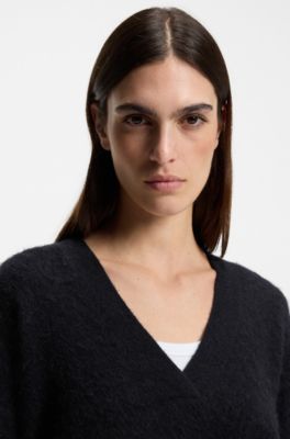 Jersey relaxed fit con cuello en pico en lana y alpaca, Azul oscuro