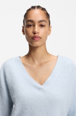 Jersey relaxed fit con cuello en pico en lana y alpaca, Celeste