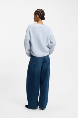 Jersey relaxed fit con cuello en pico en lana y alpaca, Celeste