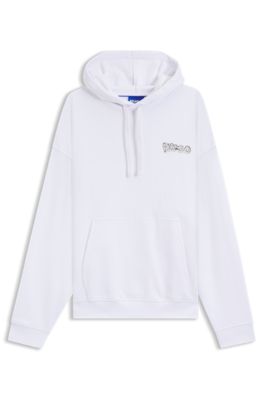 Sudadera de felpa de algod&oacute;n con capucha y logos estampados, Blanco