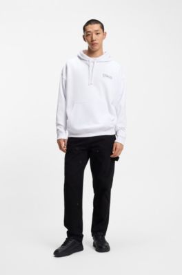 Sudadera de felpa de algod&oacute;n con capucha y logos estampados, Blanco
