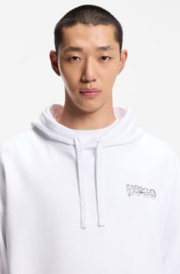 Sudadera de felpa de algod&oacute;n con capucha y logos estampados, Blanco