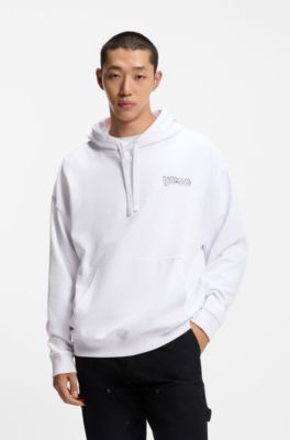 Sudadera de felpa de algod&oacute;n con capucha y logos estampados, Blanco