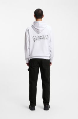 Sudadera de felpa de algod&oacute;n con capucha y logos estampados, Blanco