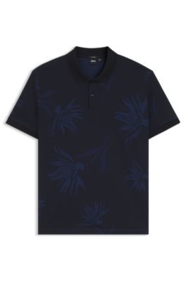 Mercerised-cotton polo shirt with floral jacquard, Dark Blue