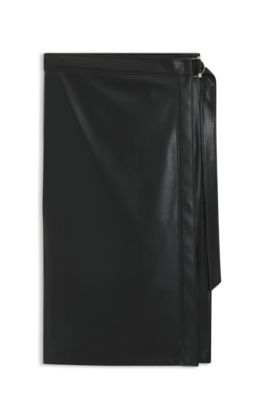 Wrap-front skirt in faux leather, Black