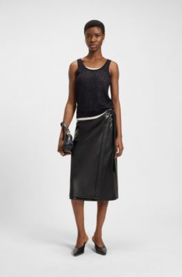 Wrap-front skirt in faux leather, Black