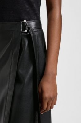 Wrap-front skirt in faux leather, Black