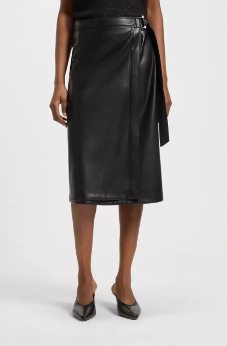 Wrap-front skirt in faux leather